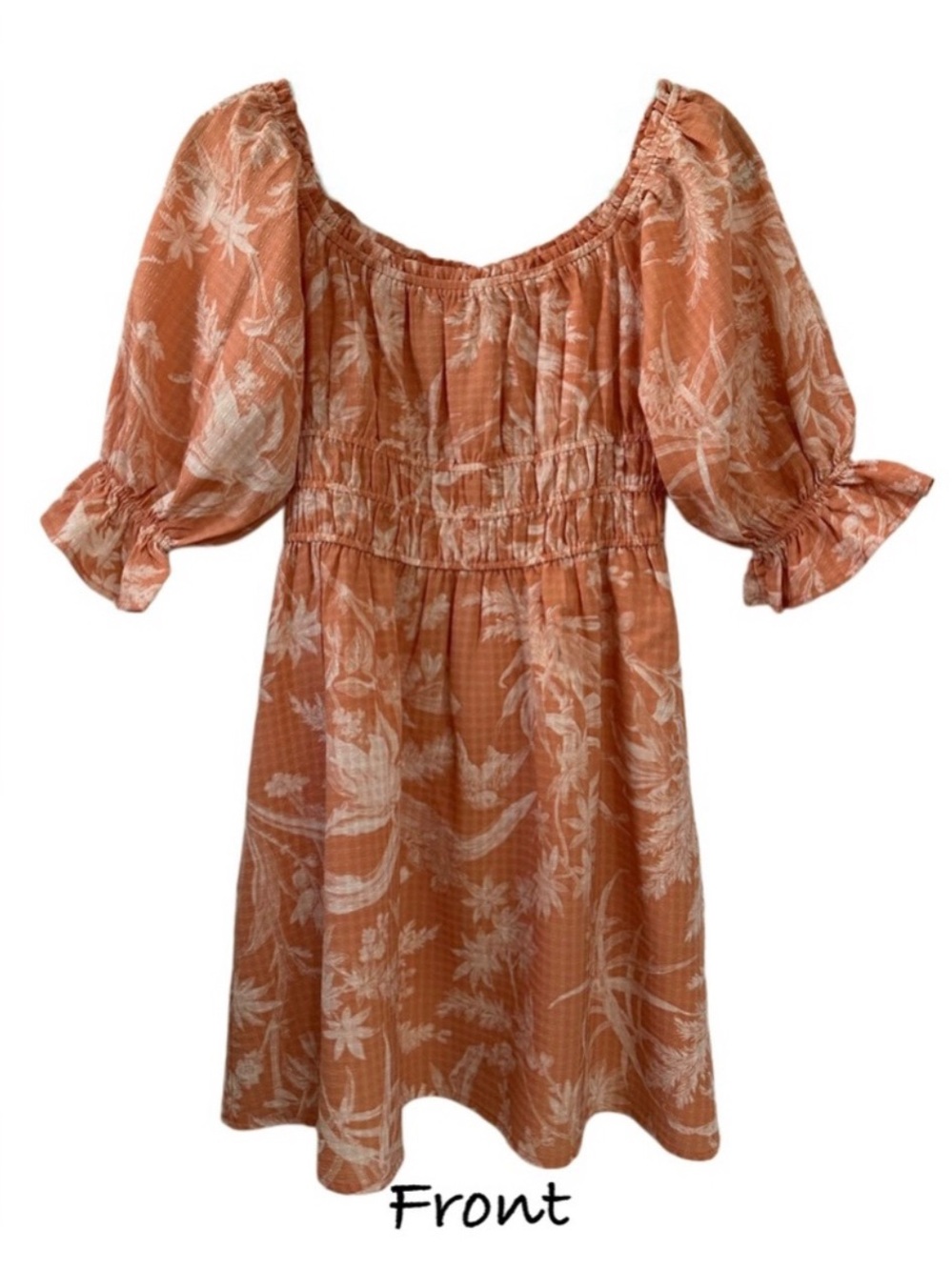 H&M Peach/Coral Peasant Mini Dress Boho Puff Sleeve Smocked Waist Size XS - Picture 2 of 8